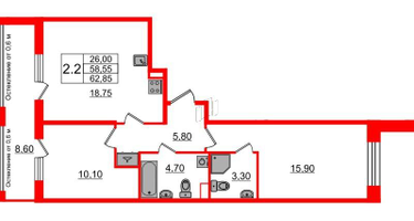 2-к. квартира, 58 м²