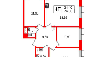 3-к. квартира, 74 м²