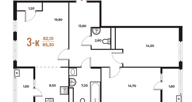 3-к. квартира, 85 м²