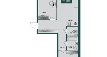 2-к. квартира, 62 м²