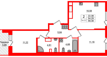 2-к. квартира, 54&nbsp;м²