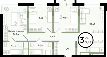 3-к. квартира, 74 м²