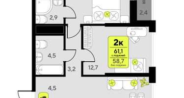 2-к. квартира, 61 м²