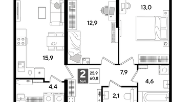 2-к. квартира, 59&nbsp;м²