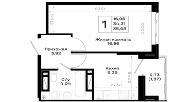 1-к. квартира, 35 м²