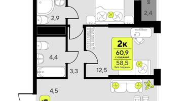 2-к. квартира, 60&nbsp;м²