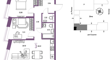 3-к. квартира, 60&nbsp;м²