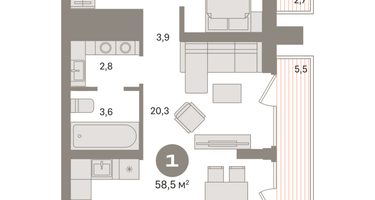1-к. квартира, 59&nbsp;м²