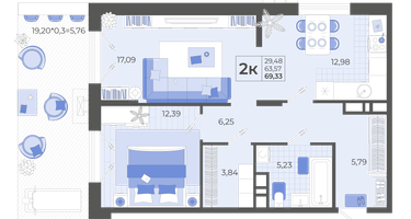 2-к. квартира, 63&nbsp;м²