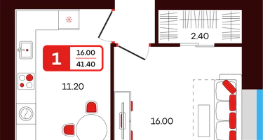 1-к. квартира, 41 м²