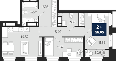 2-к. квартира, 56&nbsp;м²