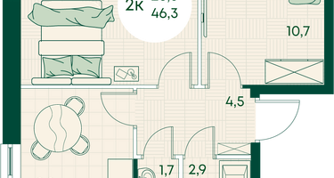 2-к. квартира, 46&nbsp;м²