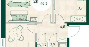 2-к. квартира, 46&nbsp;м²
