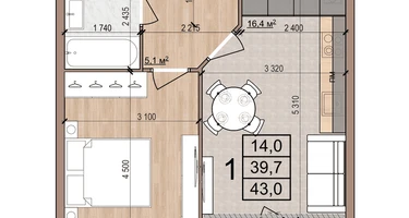 1-к. квартира, 43&nbsp;м²