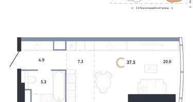 Студия, 37 м²