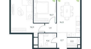 2-к. квартира, 54 м²