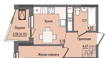 1-к. квартира, 34&nbsp;м²