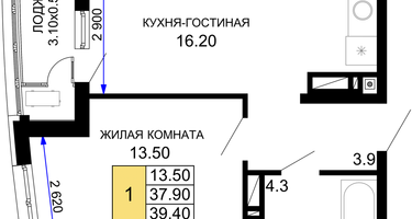 1-к. квартира, 39&nbsp;м²