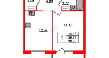 1-к. квартира, 38&nbsp;м²