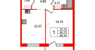 1-к. квартира, 38&nbsp;м²