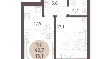 1-к. квартира, 42 м²