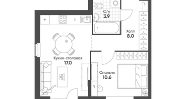 1-к. квартира, 40&nbsp;м²