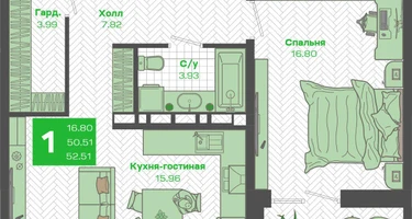 1-к. квартира, 50&nbsp;м²