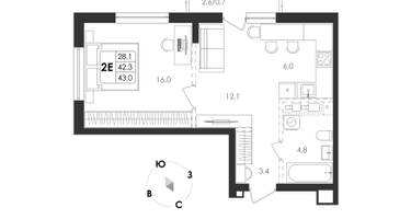 2-к. квартира, 43 м²