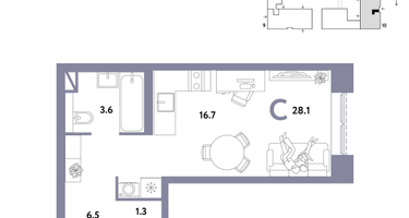 1-к. квартира, 28&nbsp;м²