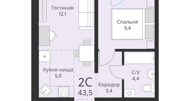2-к. квартира, 43&nbsp;м²