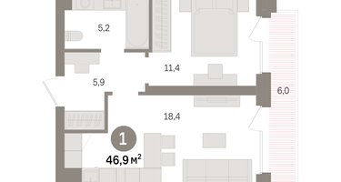 1-к. квартира, 46 м²