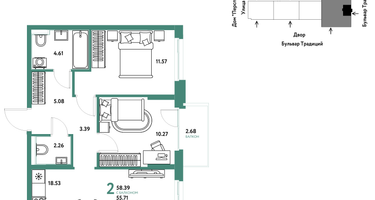 2-к. квартира, 58 м²