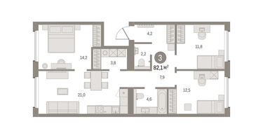 3-к. квартира, 82&nbsp;м²