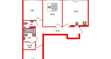 3-к. квартира, 68 м²