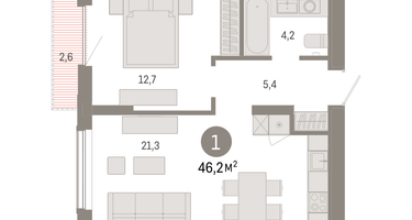 1-к. квартира, 46&nbsp;м²