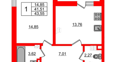 1-к. квартира, 43&nbsp;м²