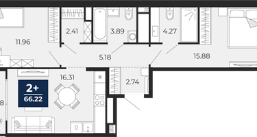2-к. квартира, 66&nbsp;м²