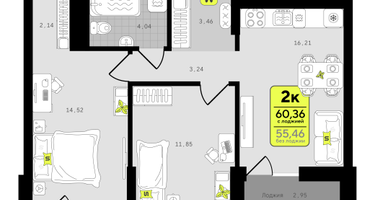 2-к. квартира, 60 м²