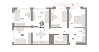 3-к. квартира, 86 м²