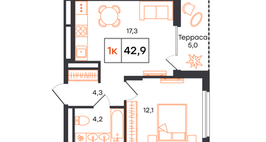 1-к. квартира, 42 м²