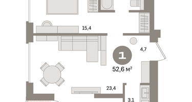 1-к. квартира, 52 м²