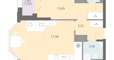 1-к. квартира, 42&nbsp;м²