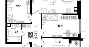 3-к. квартира, 70 м²