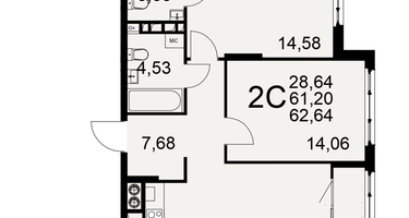 2-к. квартира, 61 м²