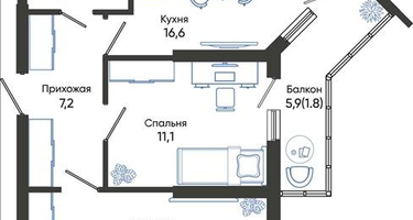 2-к. квартира, 59 м²