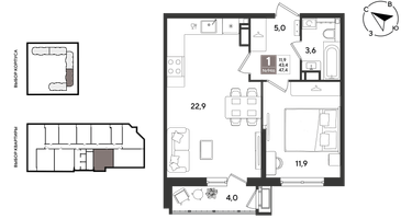 1-к. квартира, 46 м²