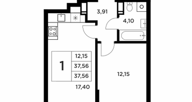 1-к. квартира, 37&nbsp;м²
