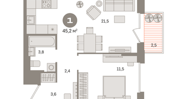 1-к. квартира, 45&nbsp;м²