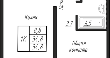 1-к. квартира, 34&nbsp;м²