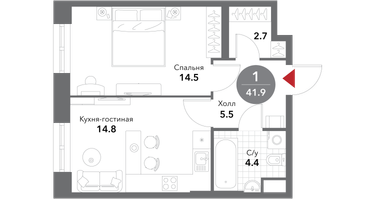 1-к. квартира, 41&nbsp;м²